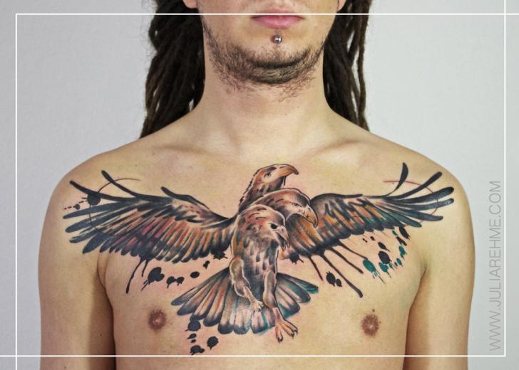 Chest Three Head Eagle Aquarelle tattoo by Julia Rehme